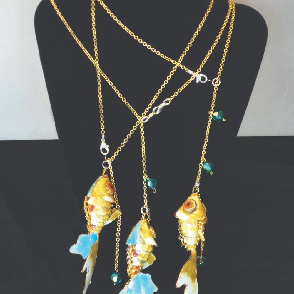 Exodus Necklace - Tropical Holiday14K 3 Gold Blue Fishes Necklace - 3 chains
